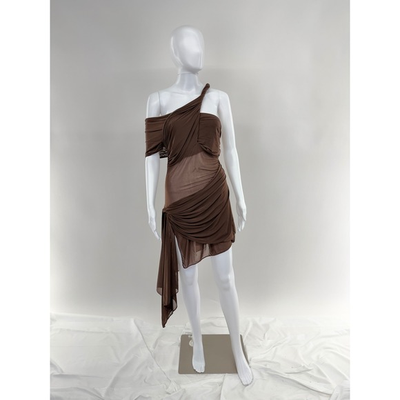 Ronny Kobo Brown One Shoulder Ruched Sheer Draped Mini Dress Size L - Picture 3 of 11